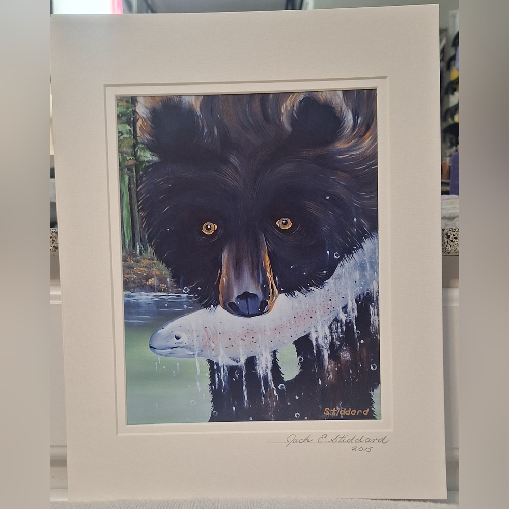 Brown Bear and Salmon Painting by Jack E. Stiddard 8x10 Photo/11x14 Mat